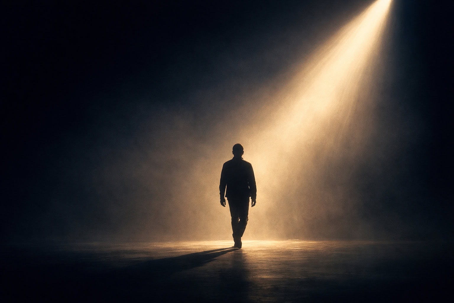 Hoinar singuratic în scenă cu lumină dramatică de fundal.