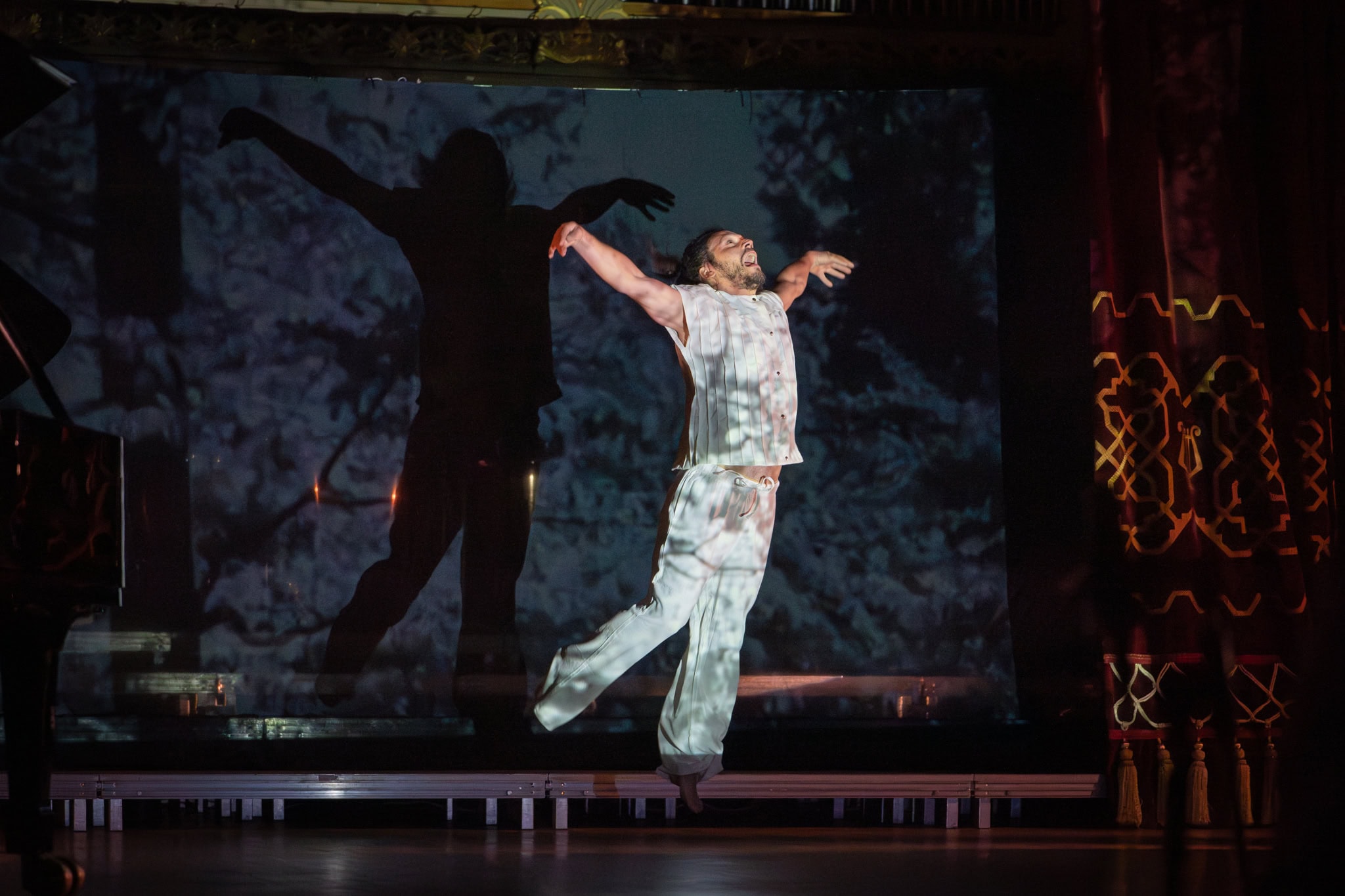 Artist pe scenă, sărind, imitând zborul.